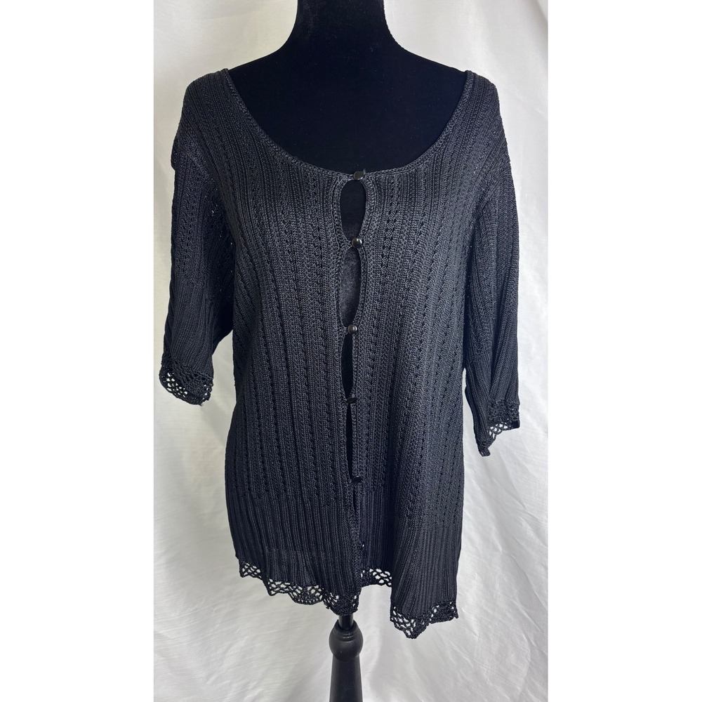 Delores Bell Cardigan Women 1X Black Excellent Vintage 90s Pointelle Knit Top
